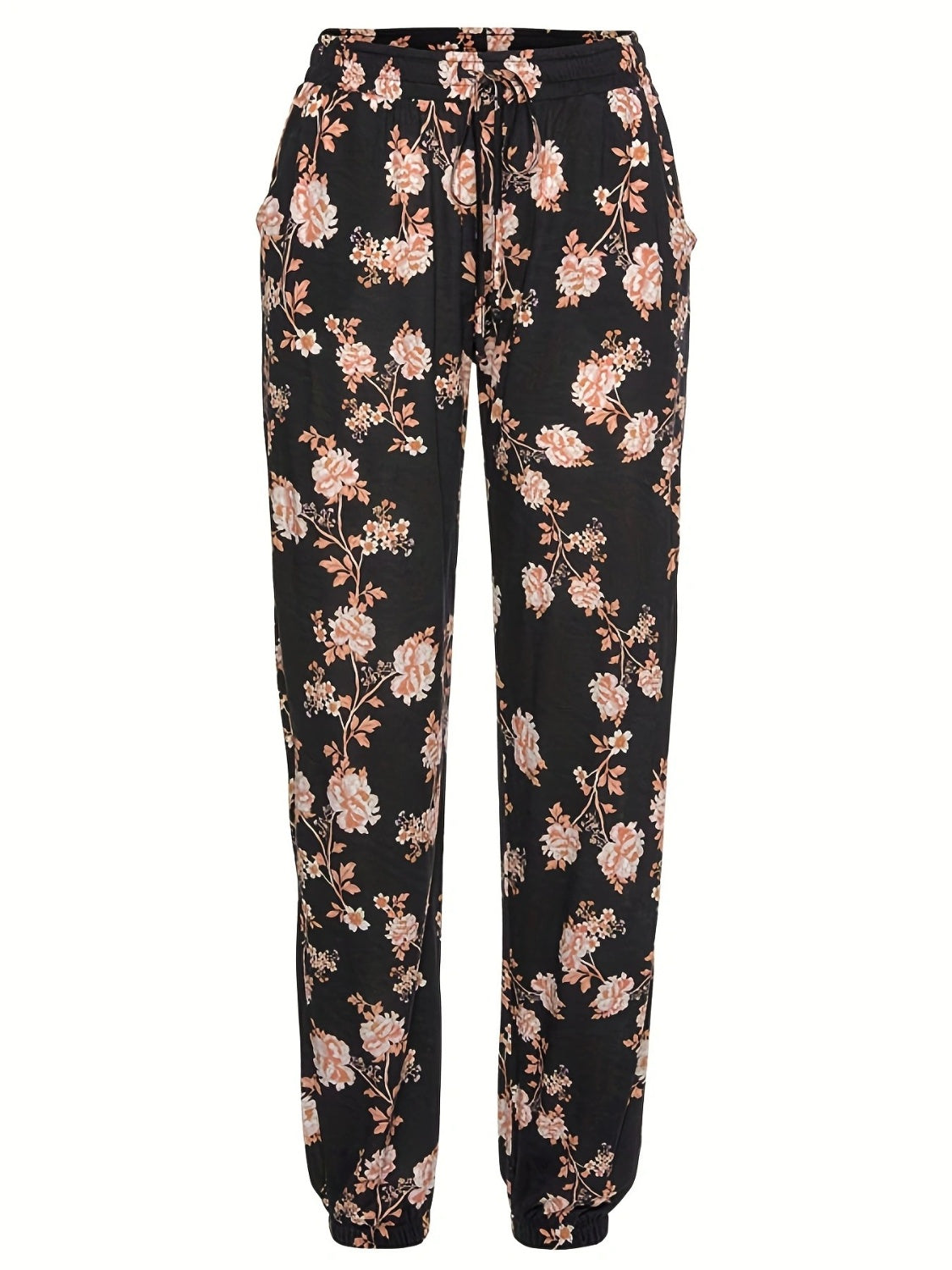 Black Floral Print Drawstring Jogger Pants with Pockets - Image 3