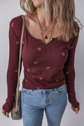 Floral Ribbed Notched Neck Long Sleeve Top