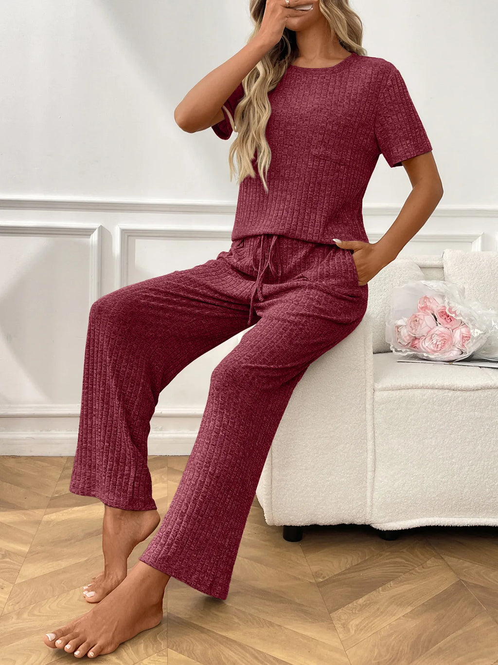 Ribbed Knit Short Sleeve Top and Pants Lounge Set