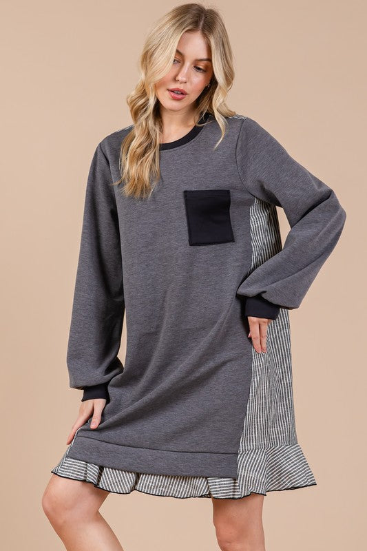 Striped Patchwork Terry Sweatshirt Dress in Charcoal