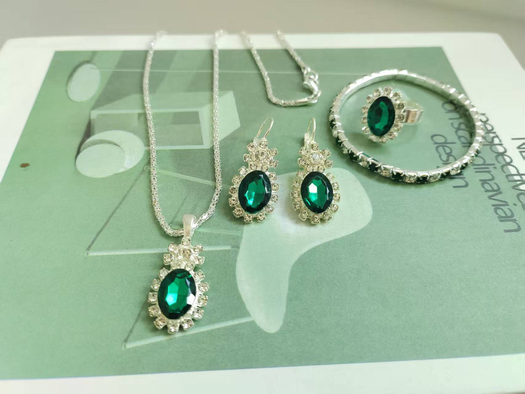 European And American Wholesale Four-Piece Set Of Diamond-Encrusted New Heart-Shaped Water Drop Rhinestone Necklace Earrings Ring Four-Piece Set For Women Cross-Border
