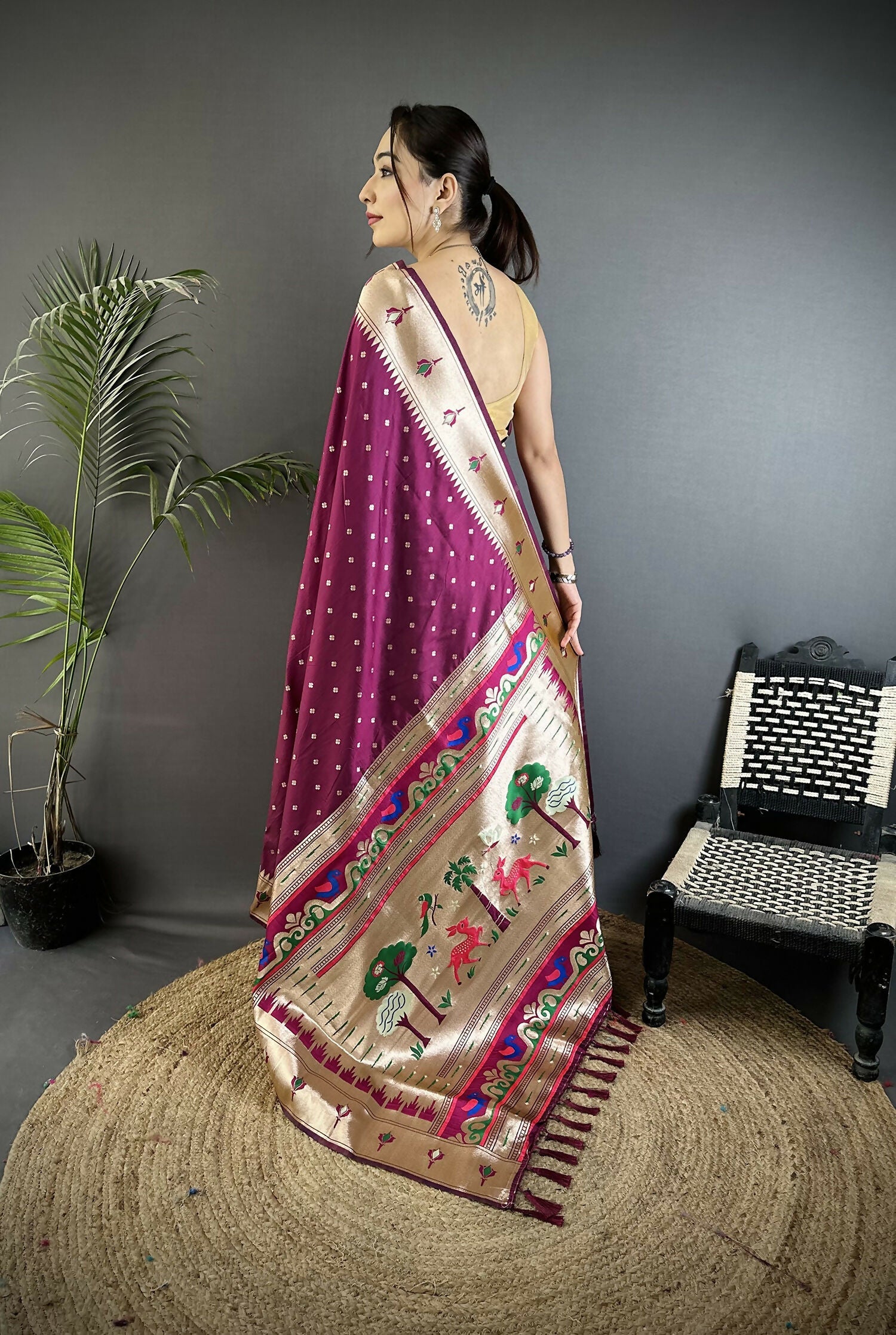 Wine Peacock & Floral Motif Soft Lichi Silk Kanchipuram Saree