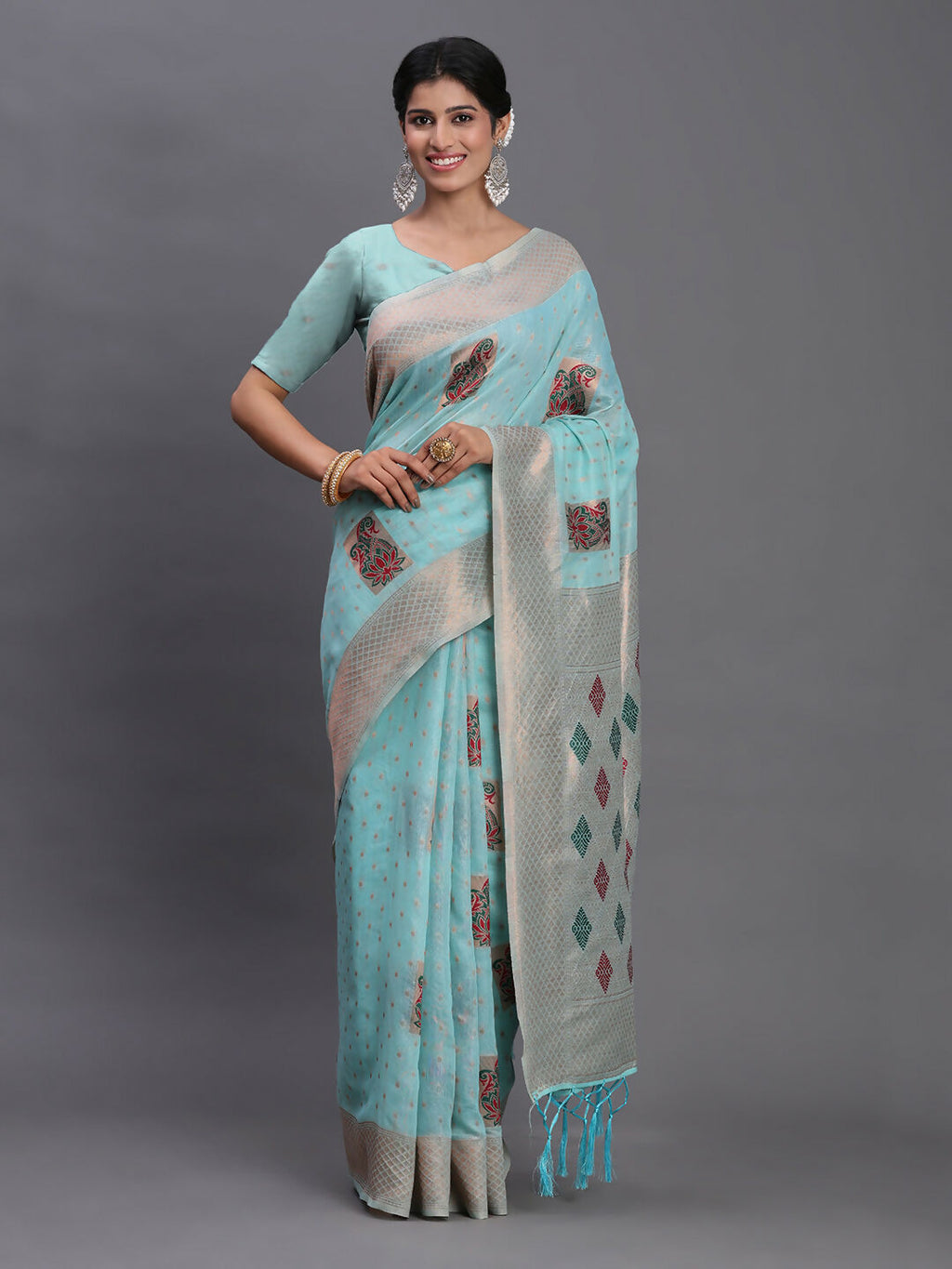 Sky Blue Linen Cotton Saree with Matching Blouse Piece