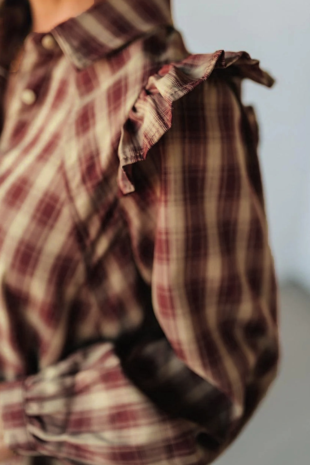 Red Plaid Ruffled Long Sleeve Mini Shirt Dress | Patchwork Hem