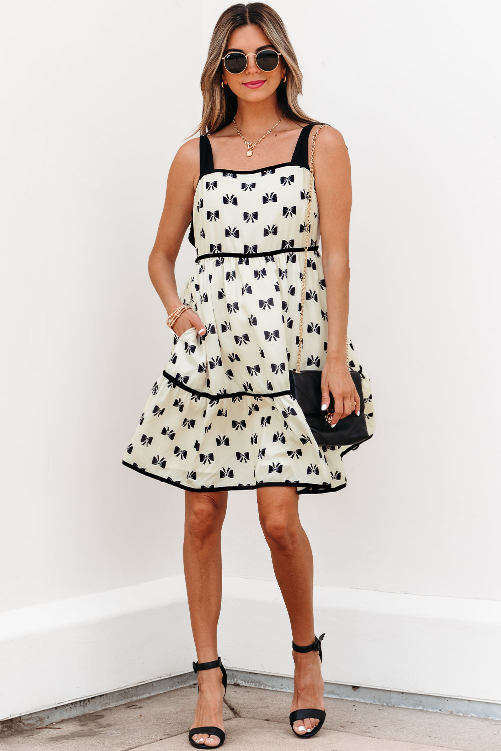 White Bow Knot Color Contrast Trim Mini Dress | Cotton