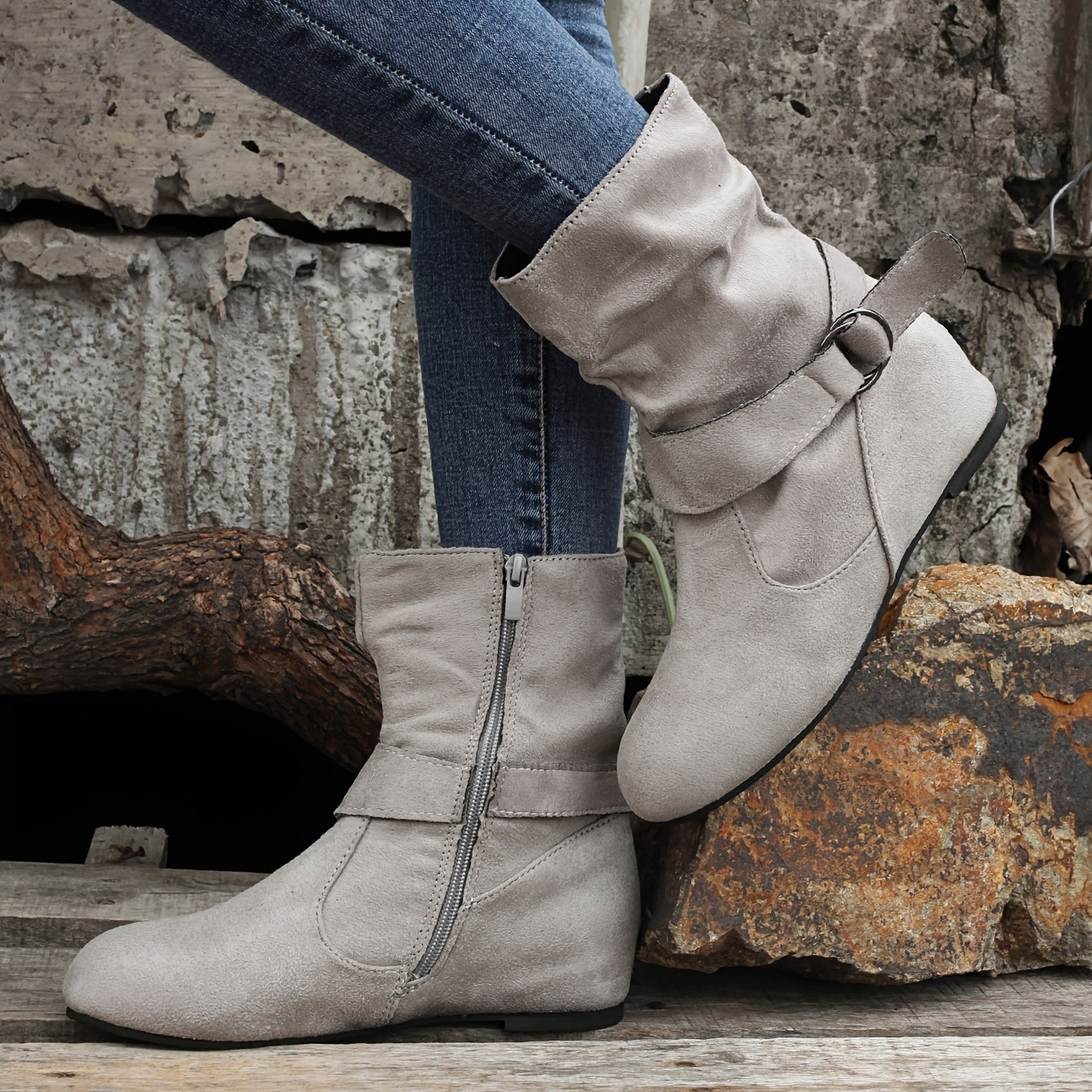 Women's Ankle Boots with Buckle Belt & Side Zip