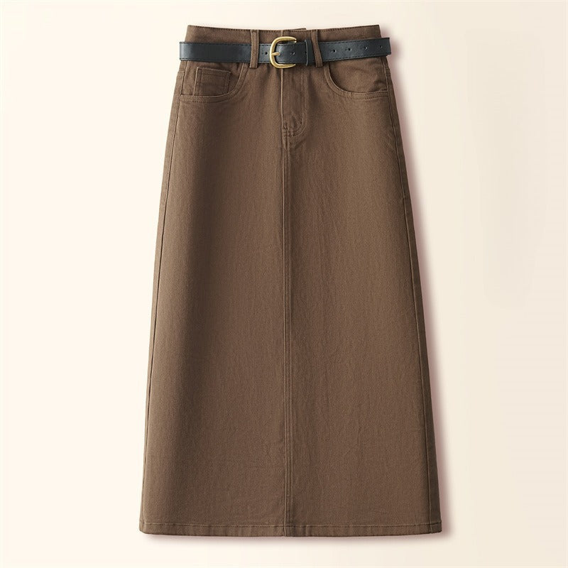 Brown A-Line Straight Skirt Retro Slit Hip Skirt