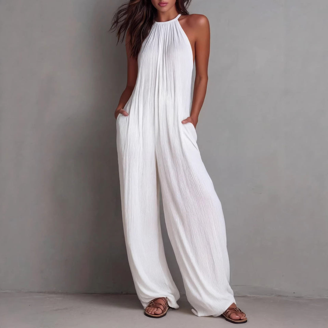 Women's Sleeveless Wide-Leg Pleated Jumpsuit in Burgundy - Image 6