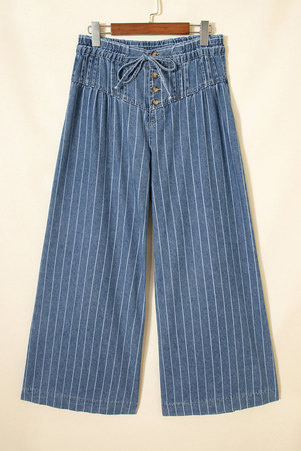 Stripe Denim Buttoned Wide Leg Pants High Rise Casual Trousers