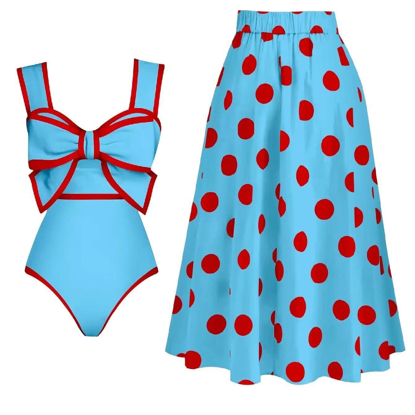 Women's Retro Polka Dot Sleeveless A-Line Midi Swimwear Skirt Suit