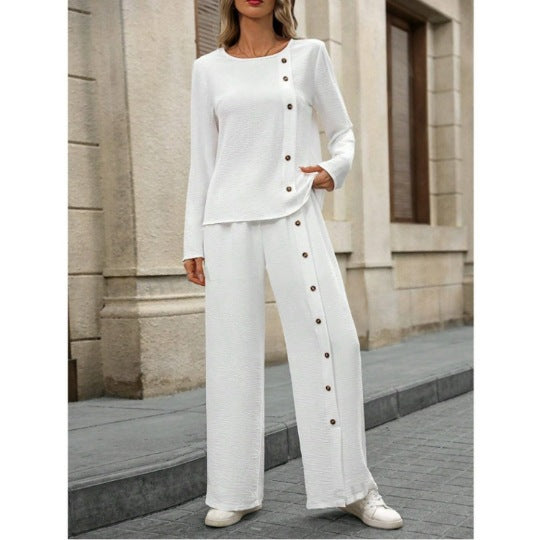 Women's Two-Piece Button-Detail Linen Blend Matching Set - Image 3
