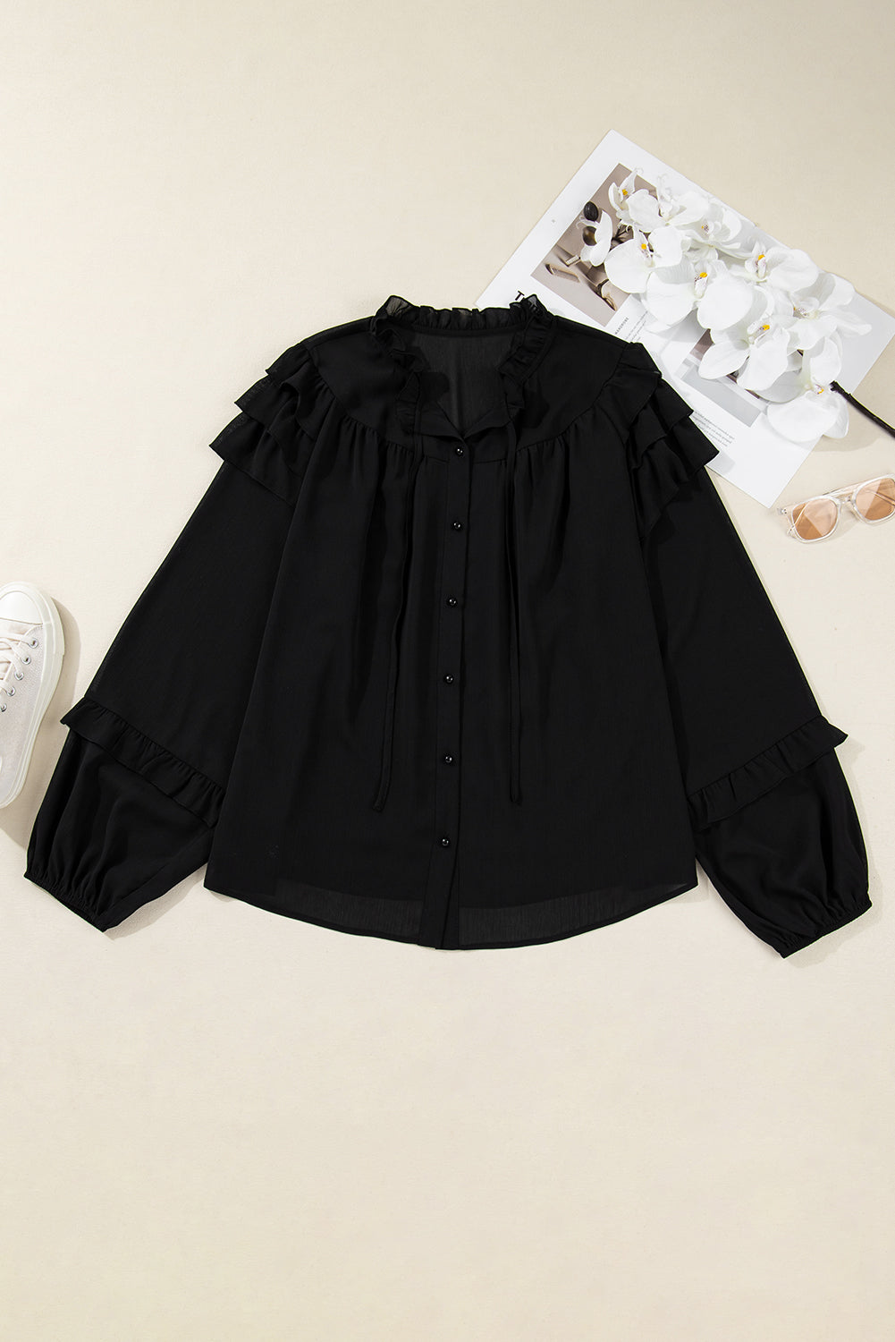 Plus Size Ruffle Balloon Sleeve Chiffon Shirt