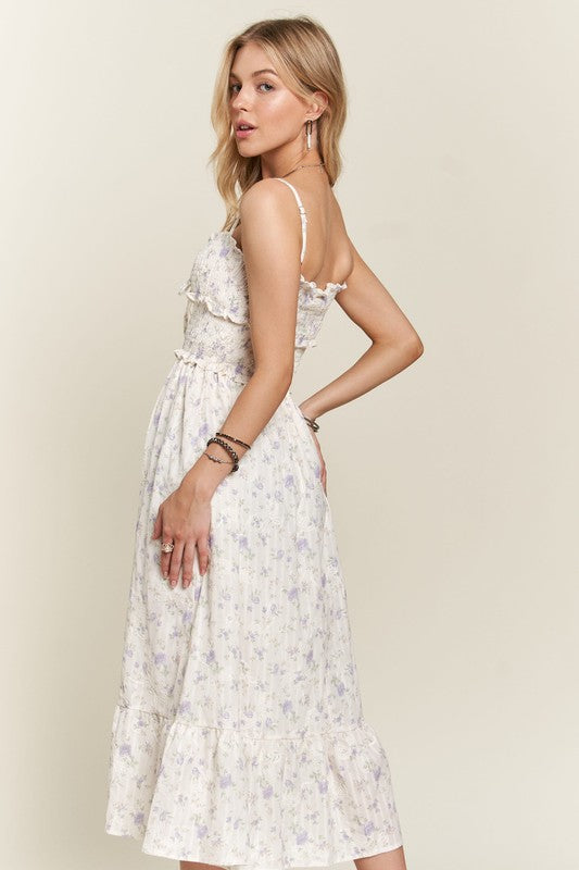 White and Purple Floral Smocked Flowy Cotton Dress