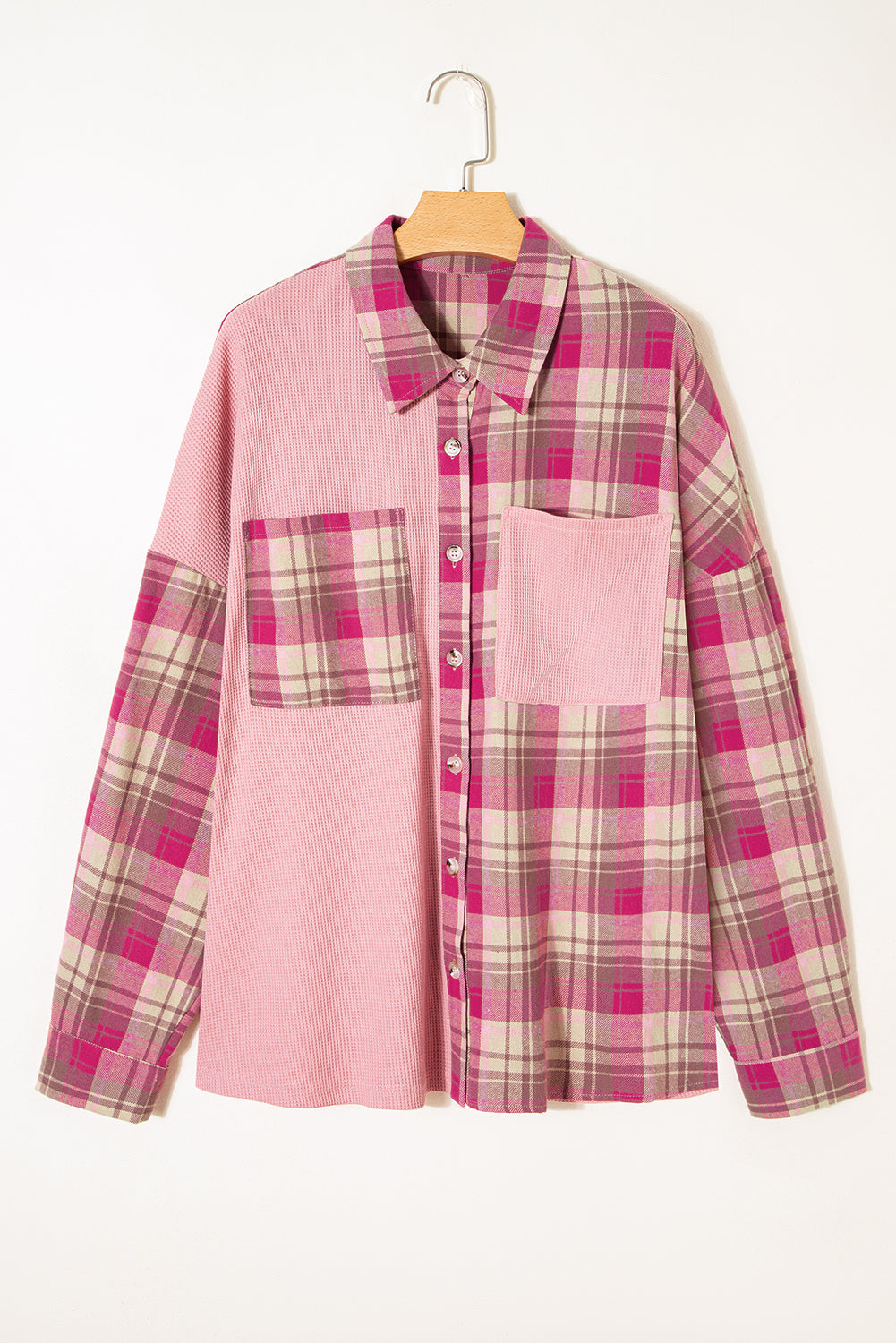 Plus Size Plaid Patchwork Waffle Patch Pocket Shirt