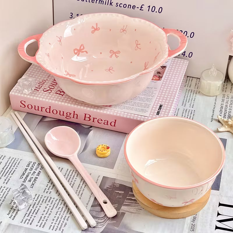 Large Ceramic Soup Bowl with Double Handles and Bowknot