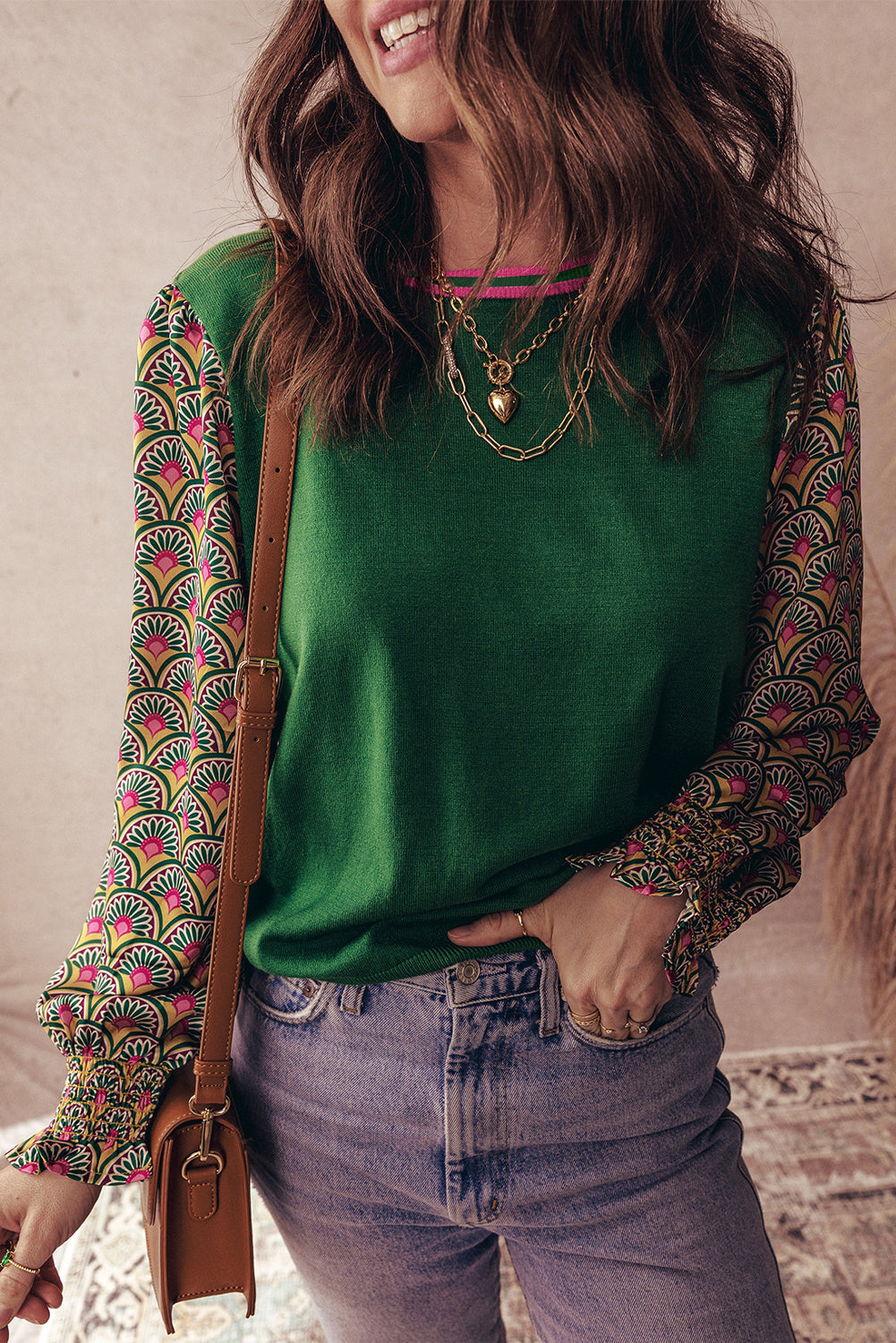 Floral Patchwork Puff Sleeve Sweater