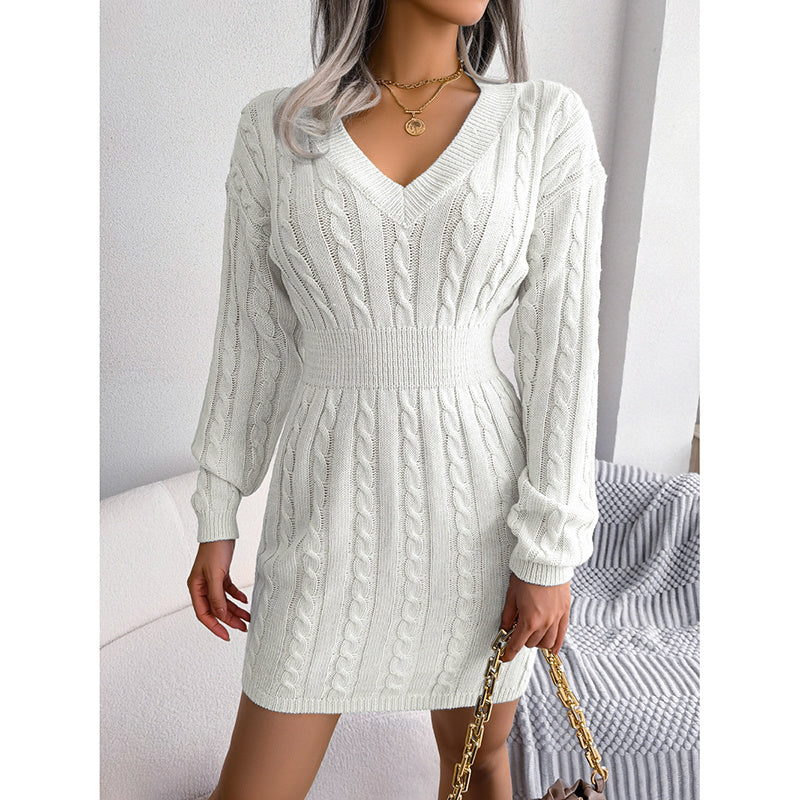Women’s V-Neck Cable Knit Long Sleeve Bodycon Sweater Dress - Image 7