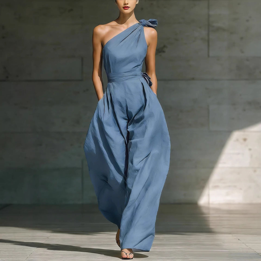 Women's One-Shoulder Belted Wide-Leg Jumpsuit - Image 3