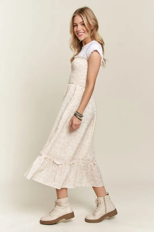 Smocked Floral Cami Dress with Ruffled Hem - Beige & White