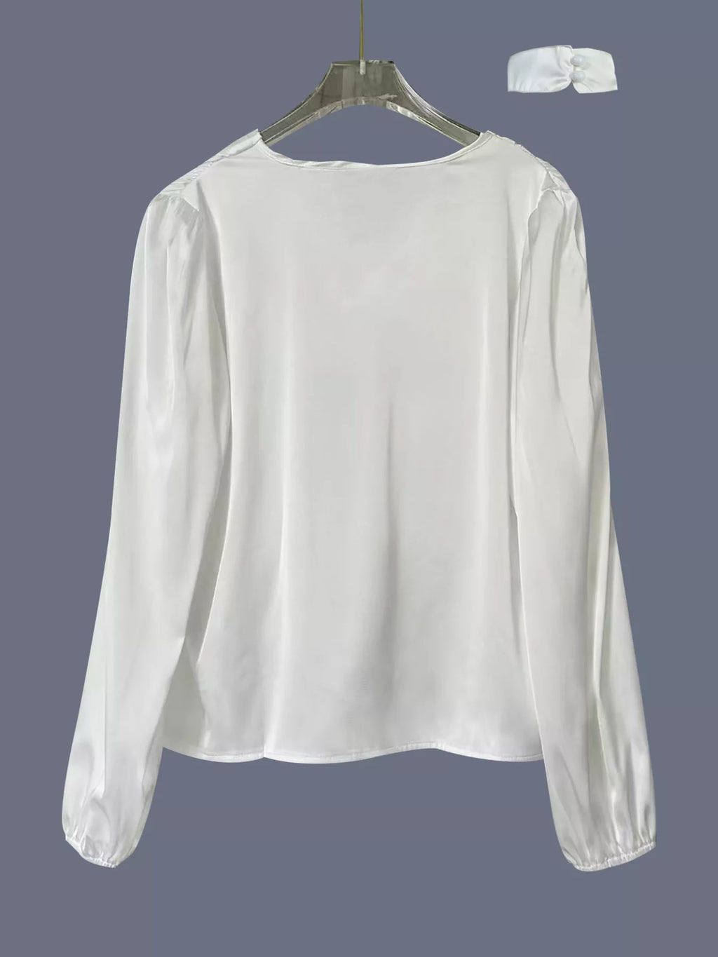 White V-Neck Ruched Long Sleeve Blouse Elegant Satin Style Top - Image 6
