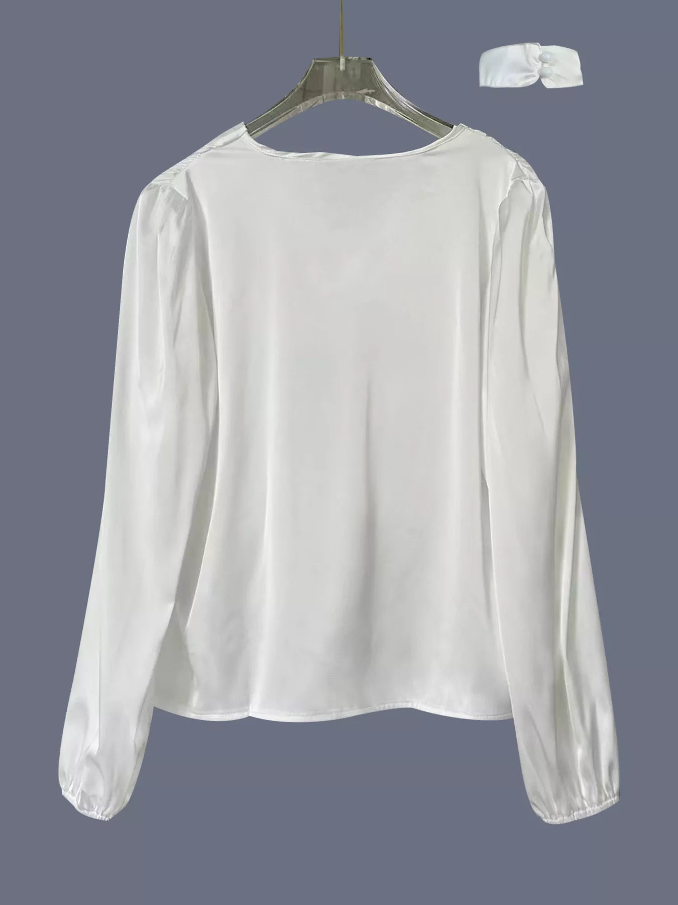 White V-Neck Ruched Long Sleeve Blouse Elegant Satin Style Top - Image 6
