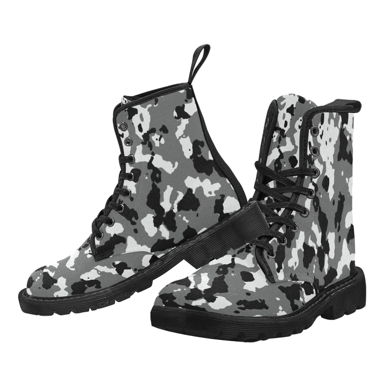 Pair of black and white camouflage lace-up canvas boots with black soles and laces, displayed on a white background.
