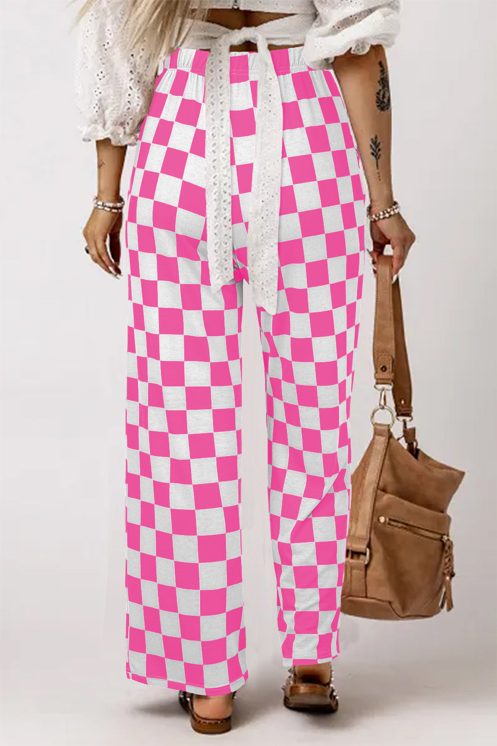 Red 2-Tone Checked Print High Waist Wide Leg Pants