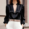 Women's Satin V-Neck Long Sleeve Blouse Elegant Slim Fit Top - Image 8