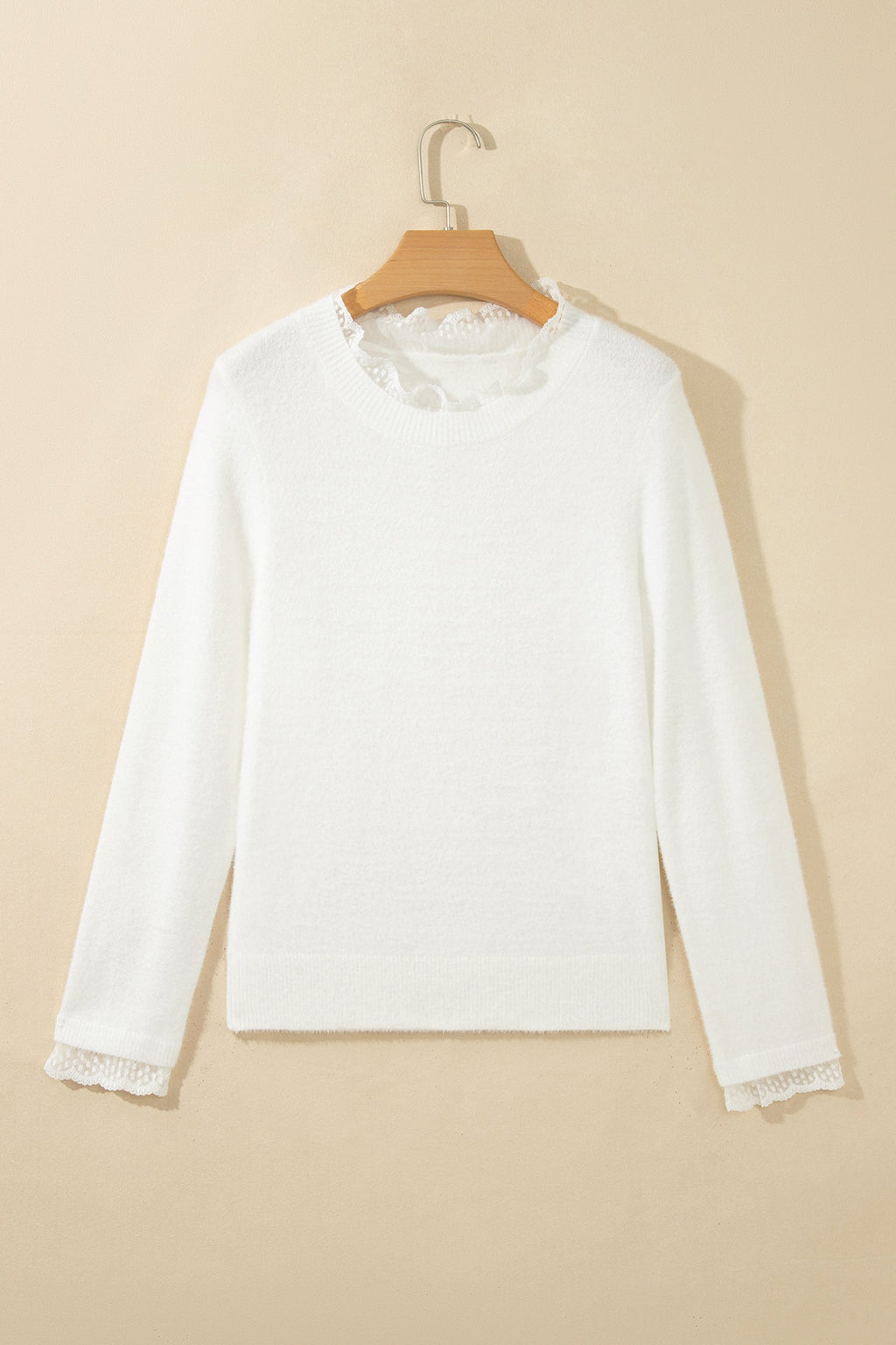 Solid Lace Trim Crewneck Long Sleeve Sweater