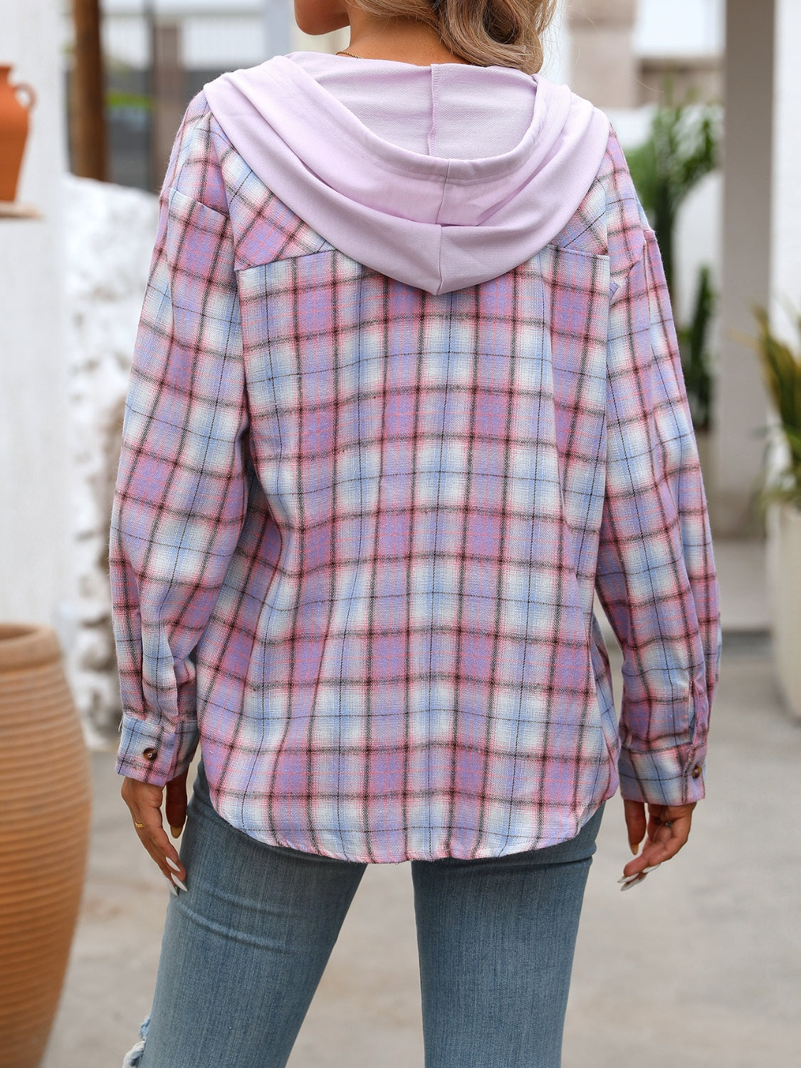 Women's Plaid Long Sleeve Hooded Jacket Casual Button Down Shirt - Image 11