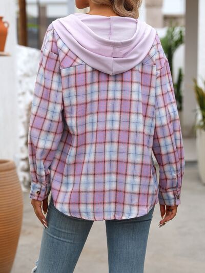 Women's Plaid Button-Down Hooded Jacket Cotton-Blend Shacket