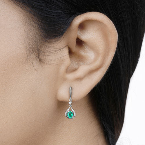 0.70 Carat Genuine Zambian Emerald and White Diamond 14K White Gold Earrings