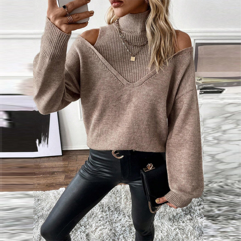 Women's Off-Shoulder Turtleneck Long Sleeve Knit Sweater - Image 5
