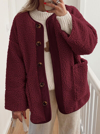 Women's Cozy Sherpa Fleece Button Up Jacket with Functional Pockets