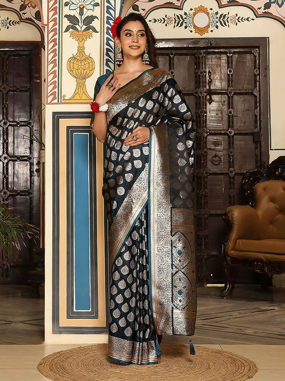 Teal Silk Saree with Matching Teal Silk Blouse