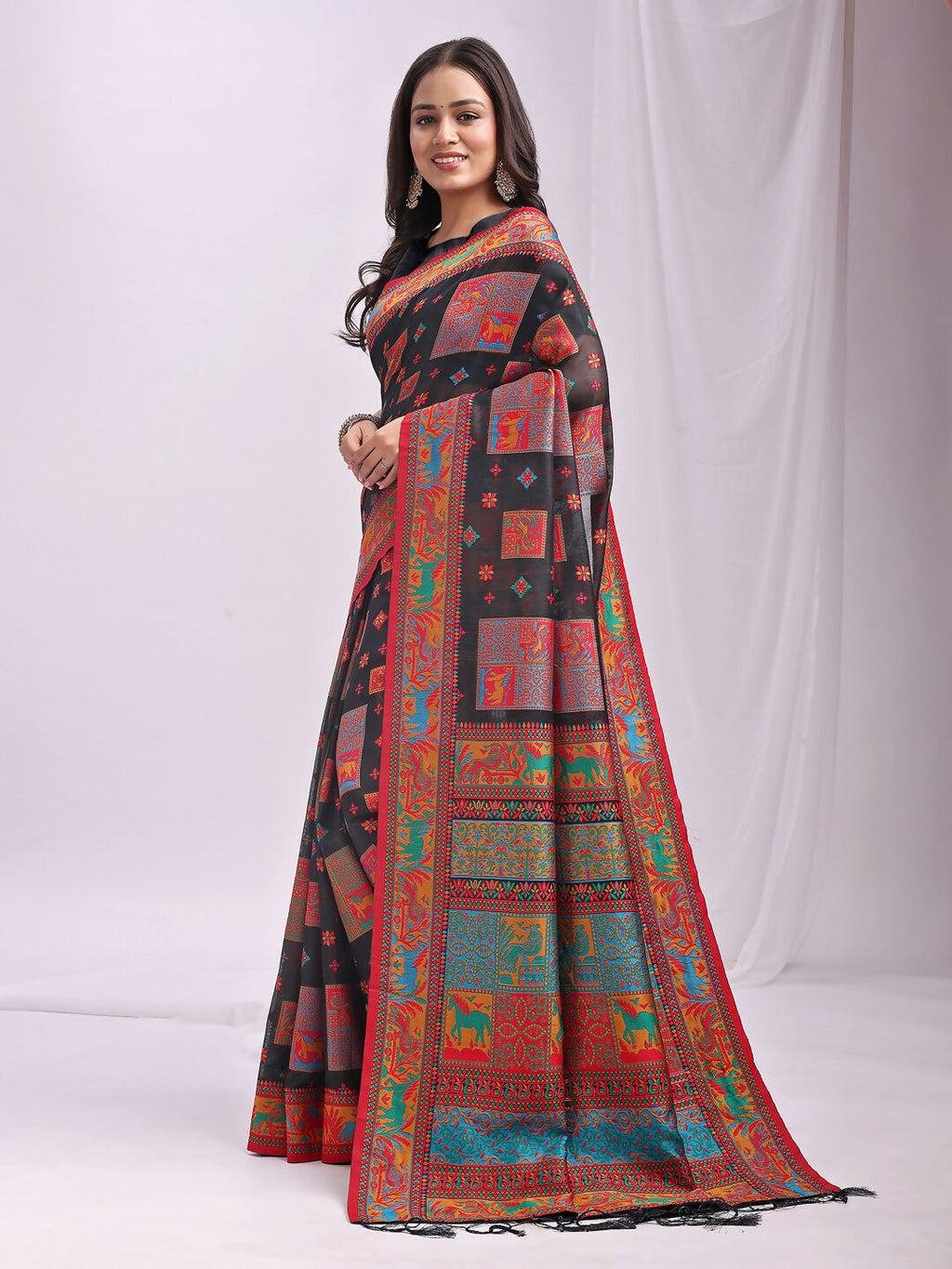 Black Linen Cotton Saree with Matching Blouse Piece