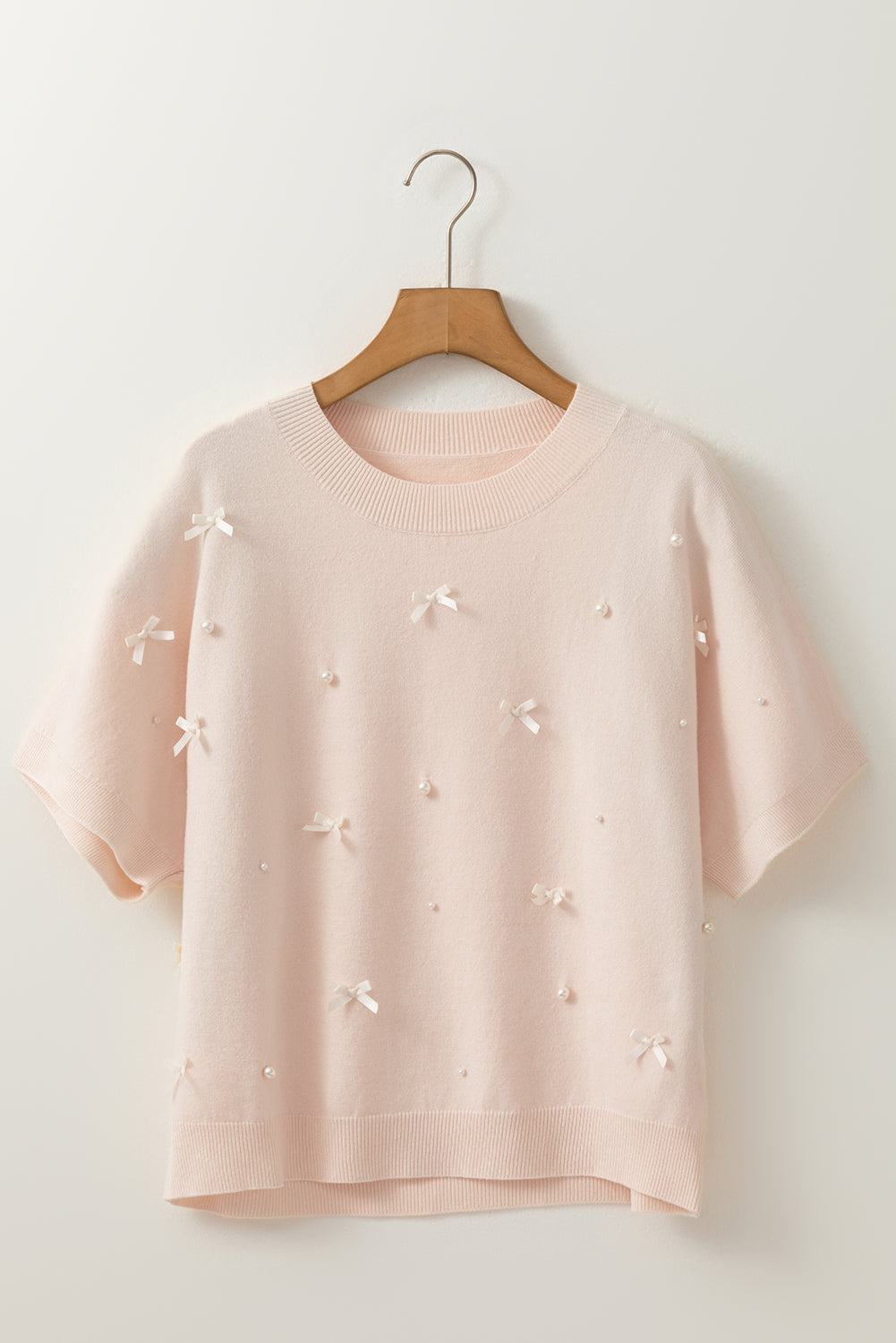 Bow Tie Pearl Embellished Dolman Short Sleeve Sweater