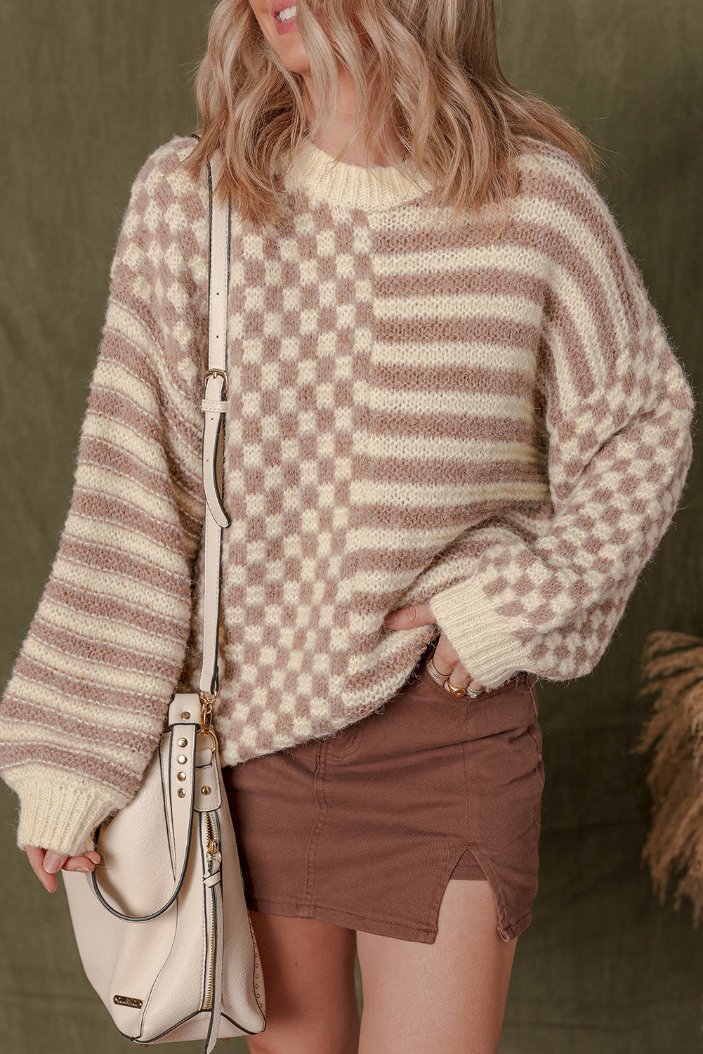 Stripe Checker Balloon Sleeve Sweater