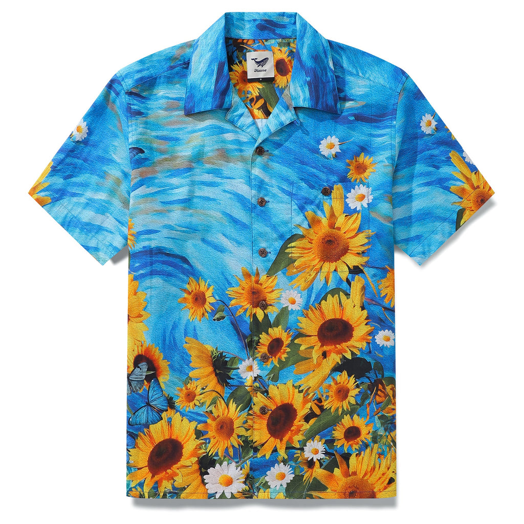 Yellow, green, and white sunflower print Hawaiian shirt with a classic camp collar.