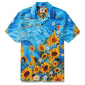 Yellow, green, and white sunflower print Hawaiian shirt with a classic camp collar.