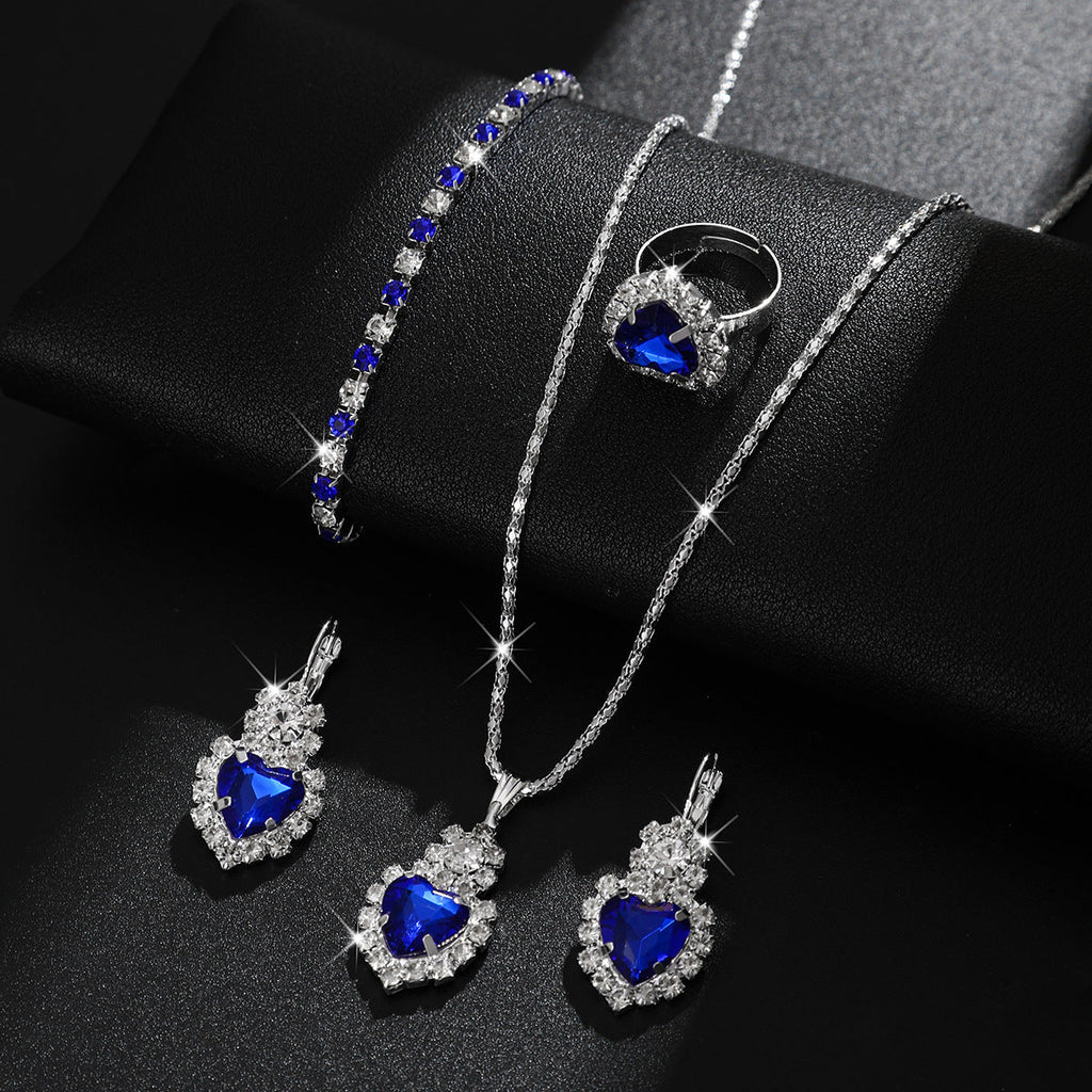 European And American Wholesale Four-Piece Set Of Diamond-Encrusted New Heart-Shaped Water Drop Rhinestone Necklace Earrings Ring Four-Piece Set For Women Cross-Border