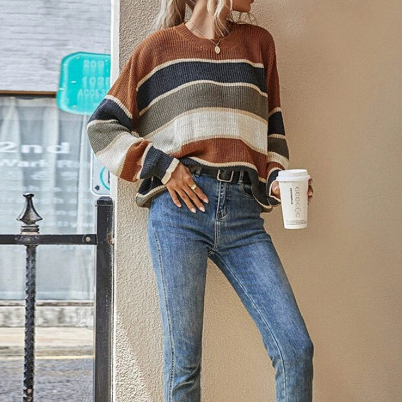 Women's Multi-Color Striped Crewneck Pullover Sweater - Image 4
