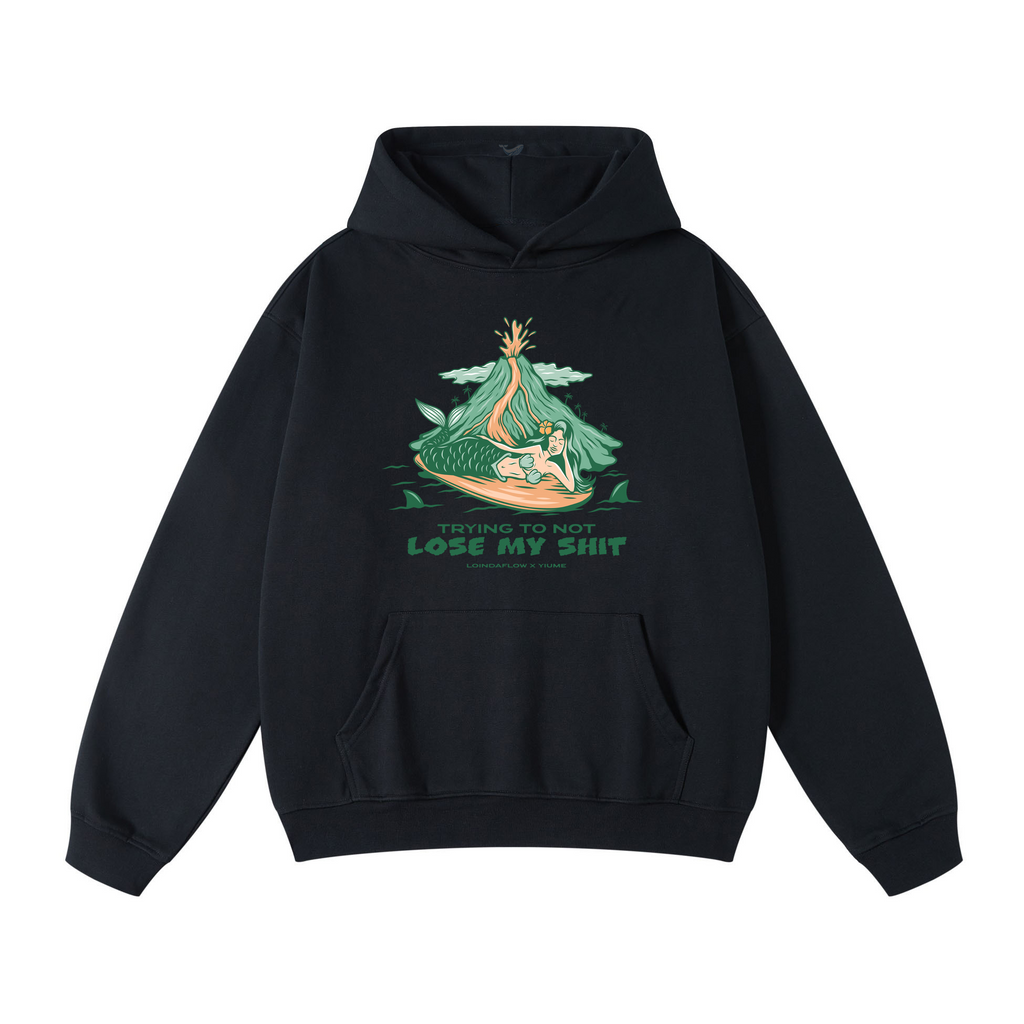 Black Hang Loose graphic hoodie featuring a mermaid on a surfboard illustration