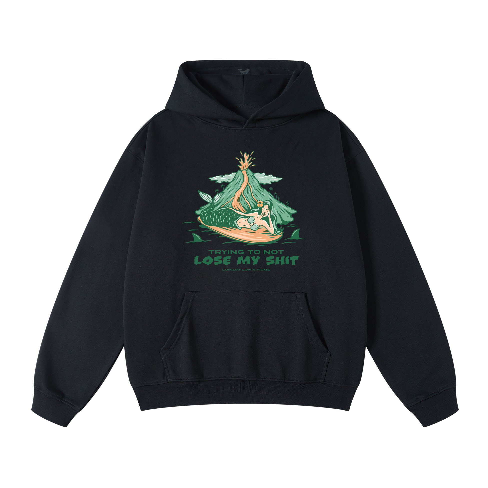 Black Hang Loose graphic hoodie featuring a mermaid on a surfboard illustration