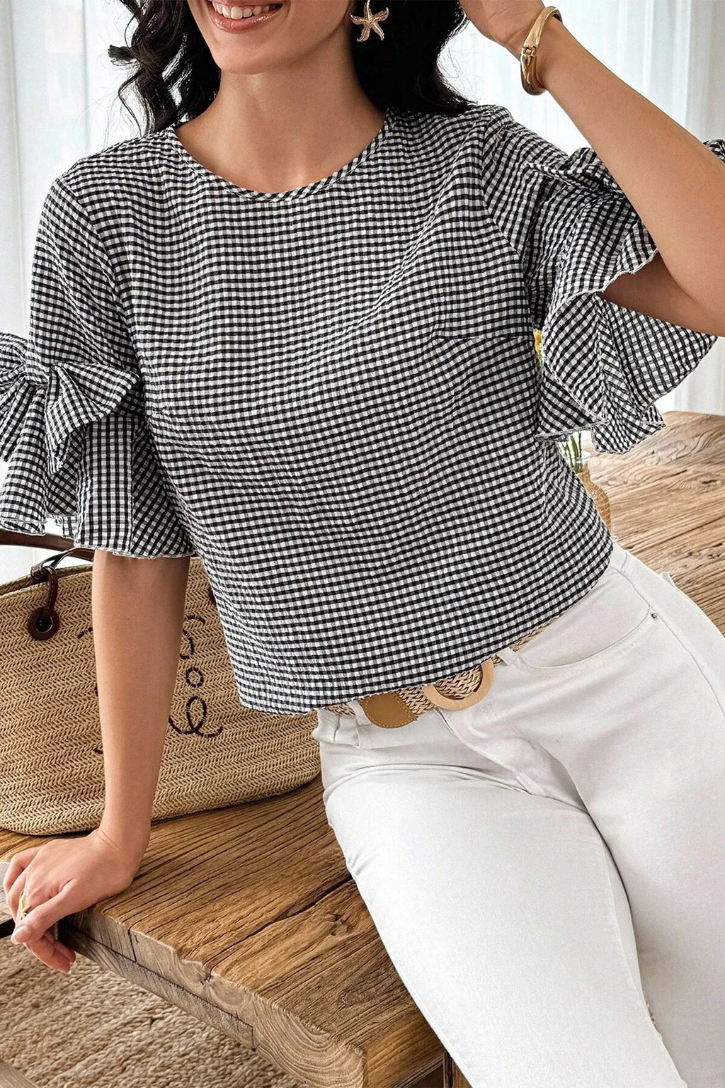 Carolina Ruffled Half Sleeve Blouse with Bow Detail and Plaid