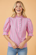 Women's cotton blouse with vertical pink, green, and white stripes, featuring puff sleeves, ruffle trim, and a button-down placket.