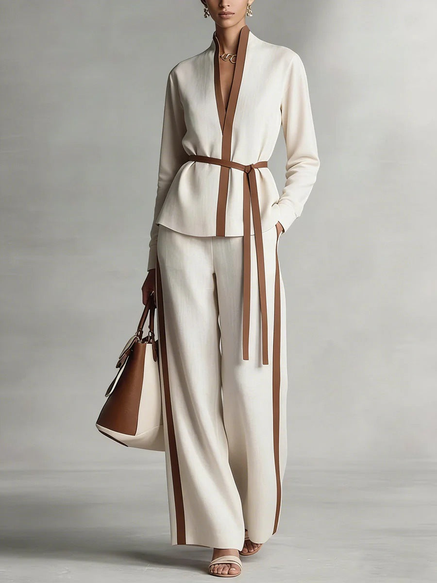 Women’s Contrast Trim Belted Cardigan and Wide Leg Pants Set - Image 10