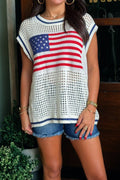 White USA Flag Eyelet Cap Sleeve Knit Sweater Top