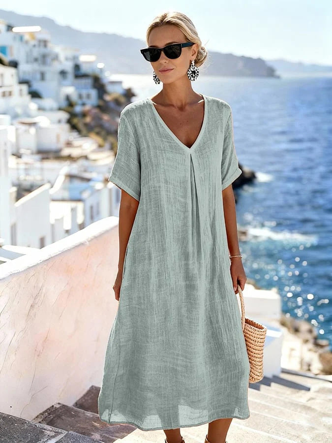 Patchwork Asymmetrical Maxi Dress - Relaxed Linen V-Neck Style