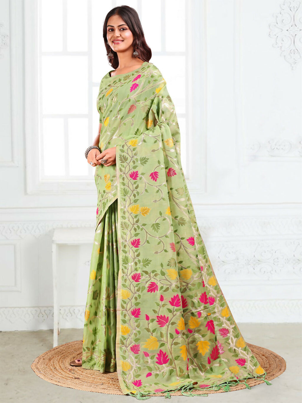 Light Green Linen Cotton Saree with Matching Blouse